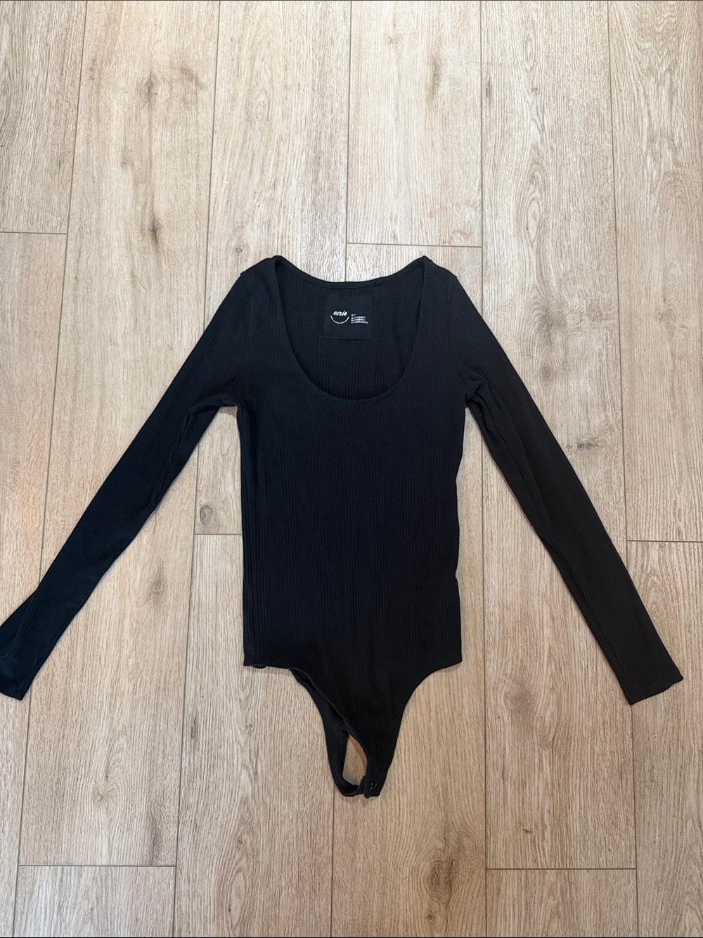 aerie Black Ribbed Scoop Neck Long-Sleeve Bodysuit